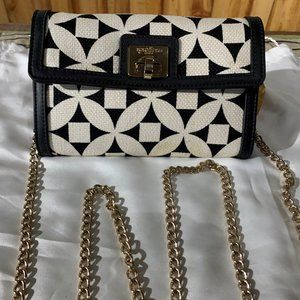 Navy Leather and White Linen Clutch with Goldtone Chain